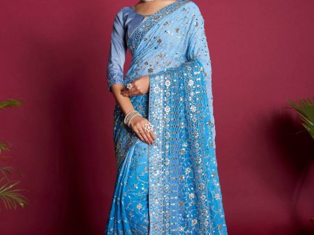 Vamsee Blue & White Georgette Designer Saree Supply