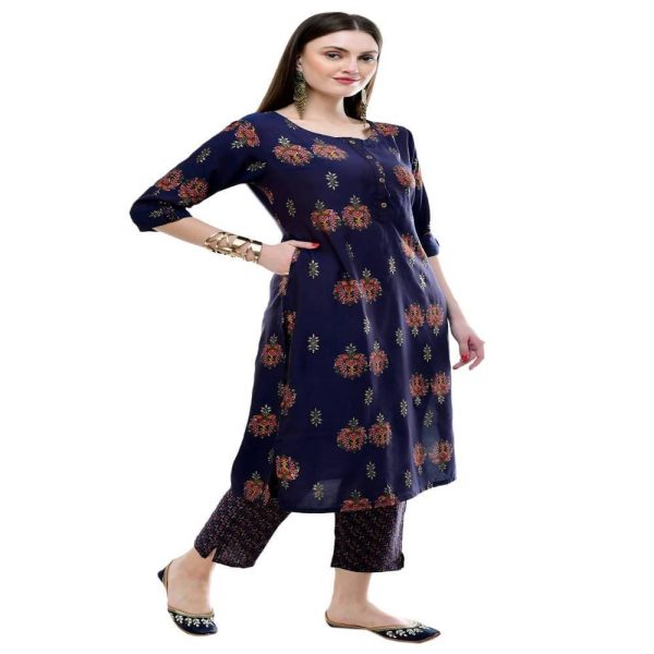 Lagi Women s Blue Printed Straight Kurta & Pant (MC38B) Fashion