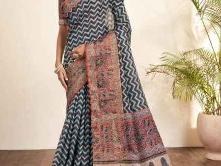 Blue Bhagalpuri Silk Stripe printed with Stone Work & Hand Work Saree - Norita Nirvi For Cheap