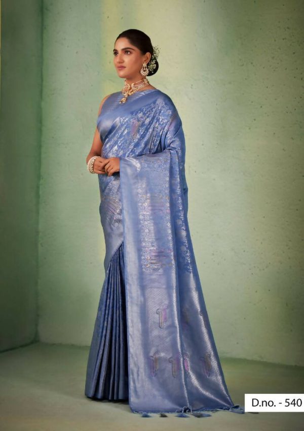 Charming Designer Greyish Blue Color Kanjivaram Silk Saree With Weaving Work - Yomika Fashions Online