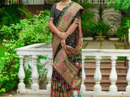 Vishnu Weaves Women s Black Banarasi Silk Kashmiri Woven Saree with Blouse Hot on Sale