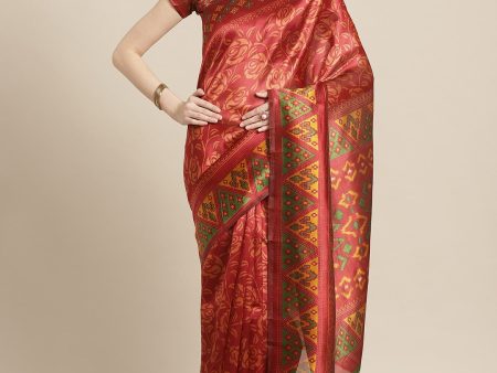 Saree Mall Rust Red & Mustard Yellow Printed Saree For Discount