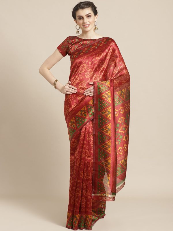 Saree Mall Rust Red & Mustard Yellow Printed Saree For Discount