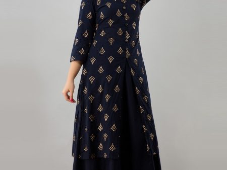 HERE&NOW Navy Blue & Gold-Toned Ethnic Motifs Printed Kurta with Skirt Fashion