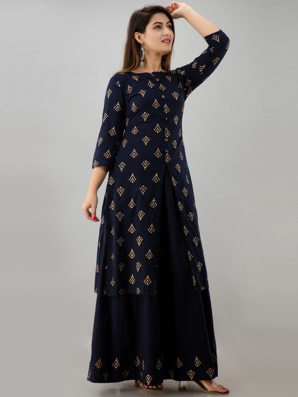 HERE&NOW Navy Blue & Gold-Toned Ethnic Motifs Printed Kurta with Skirt Fashion