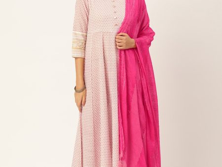 HERE&NOW Printed Anarkali Cotton Kurta With Dupatta Online Sale