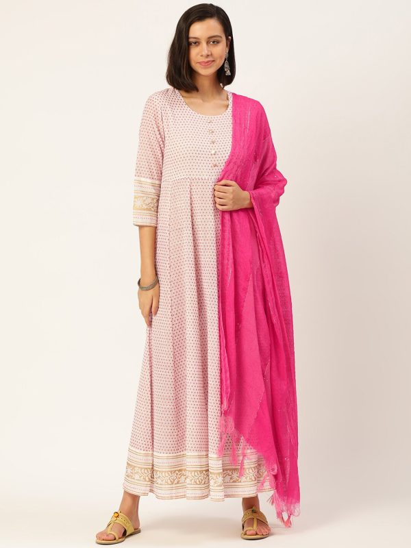 HERE&NOW Printed Anarkali Cotton Kurta With Dupatta Online Sale