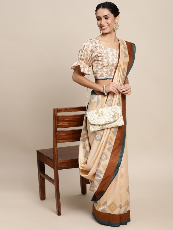 Saree Mall Beige & Brown Geometric Printed Taant Sarees Online