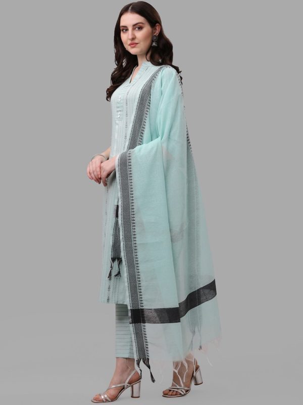 HERE&NOW Turquoise Blue Striped Regular Pure Cotton Kurta With Trousers & Dupatta For Cheap