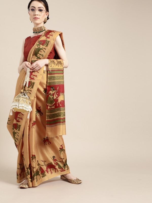 Saree Mall Saree Mall Creamy Mustard and Red Art Silk Saree Discount