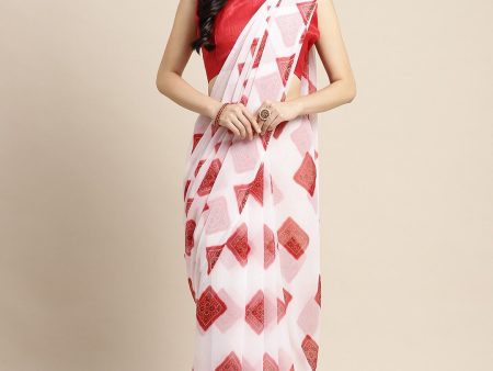 Saree Mall Women White & Red Printed Poly Chiffon Bandhani Saree With Matching Blouse Online Hot Sale