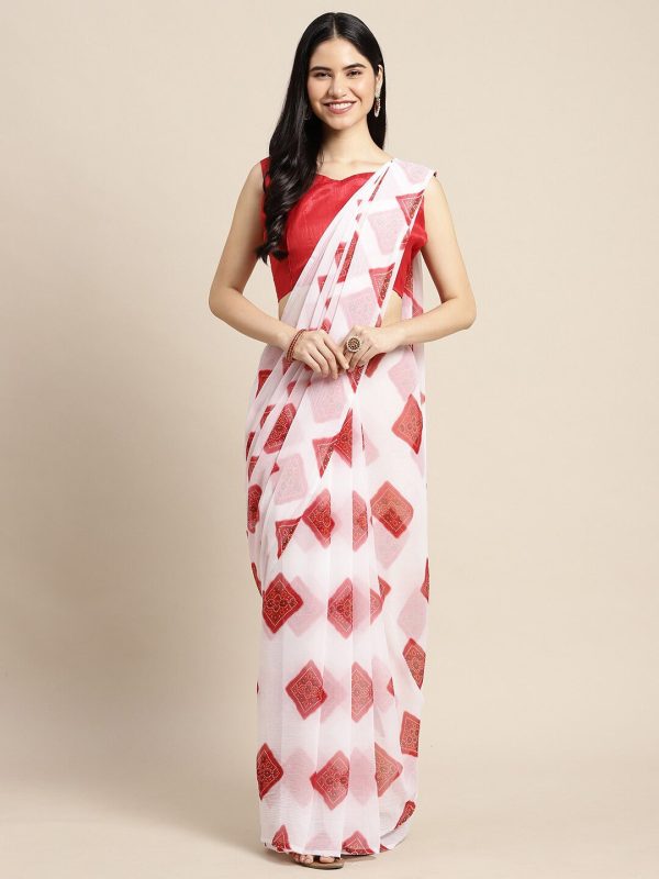 Saree Mall Women White & Red Printed Poly Chiffon Bandhani Saree With Matching Blouse Online Hot Sale