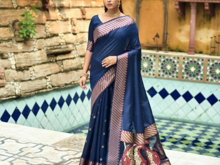 Vishnu Weaves Women s Blue Cotton Silk Zari Woven Butta Work Saree with Blouse Online now