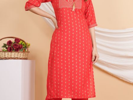 House of RP Women Red Rayon Embroidered & Printed Kurta & Pant Set Fashion