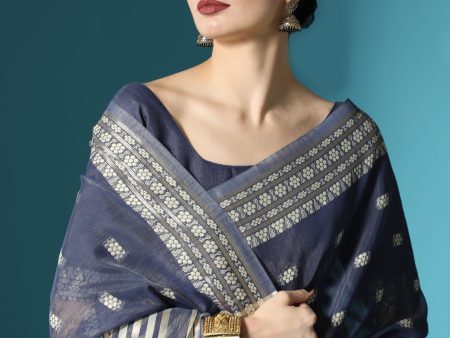 Vishnu Weaves Women s Navy Blue Lucknowi Cotton Chikankari Woven Saree with Blouse Fashion