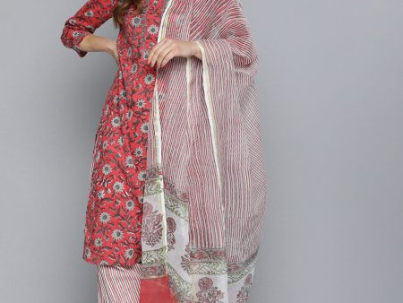 HERE&NOW Floral Printed Regular Pure Cotton Kurta with Salwar & With Dupatta Hot on Sale