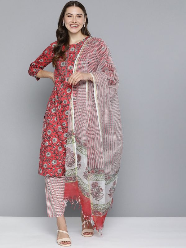 HERE&NOW Floral Printed Regular Pure Cotton Kurta with Salwar & With Dupatta Hot on Sale