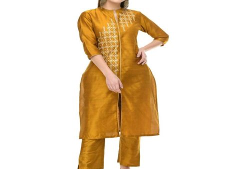 Lagi Women s Mustard Poly silk Straight Embroidred Kurta & Pant (RO115C) Online now