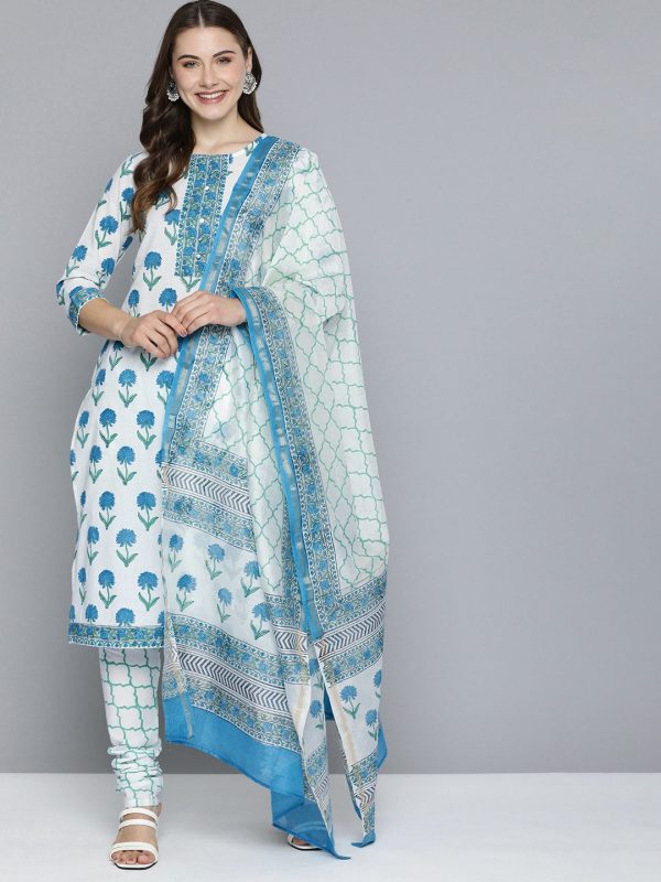 HERE&NOW Floral Printed Regular Pure Cotton Kurta with Churidar & With Dupatta Cheap