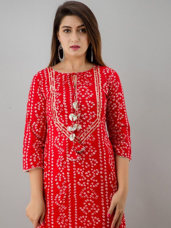 HERE&NOW Red & White Bandhani Printed Gotta Patti Straight Kurta Online