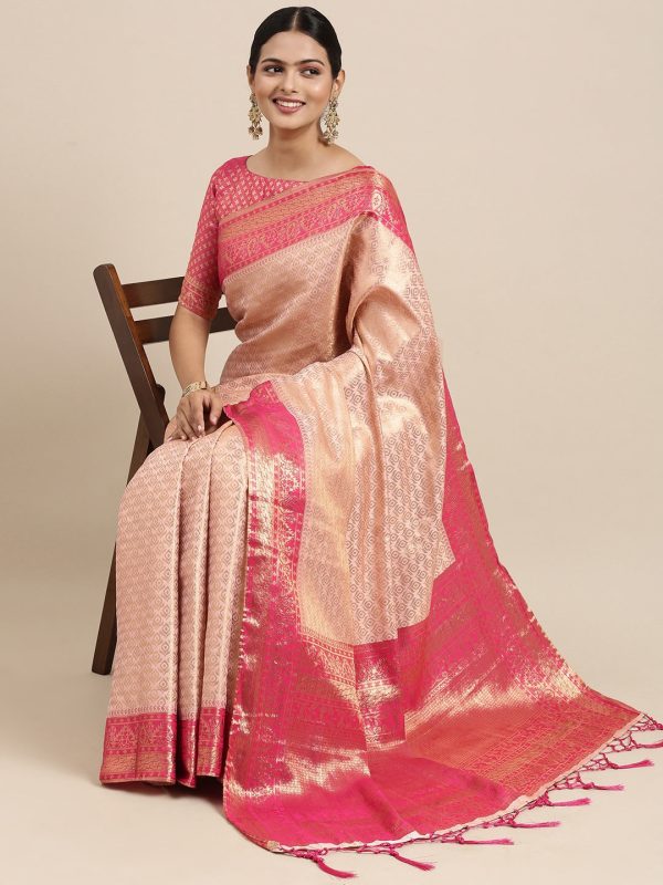 Saree Mall Peach-Coloured Ethnic Motifs Zari Silk Blend Banarasi Sarees Fashion