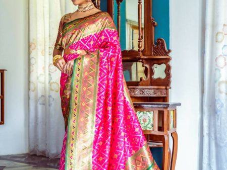 Vishnu Weaves Women s Rani Pink Patola Banarasi Silk Meenakari Zari Woven Saree with Blouse For Cheap