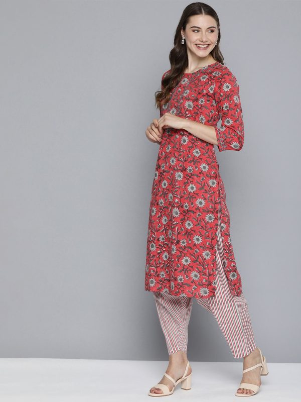 HERE&NOW Floral Printed Regular Pure Cotton Kurta with Salwar & With Dupatta Hot on Sale