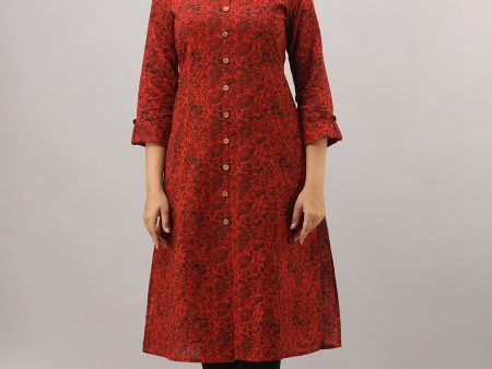 HERE&NOW Maroon Mandarin Collar Floral Straight A-Line Kurta on Sale