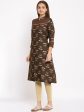 HERE&NOW Brown & Beige Mandarin Collar Floral Printed Straight Kurta on Sale