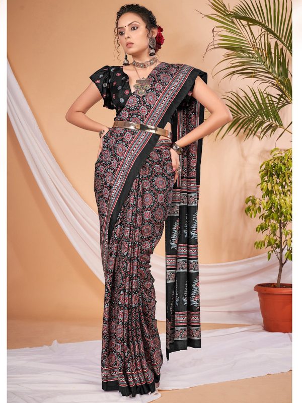 Saree Mall Ajrakh Silk Blend Block Print Sarees on Sale