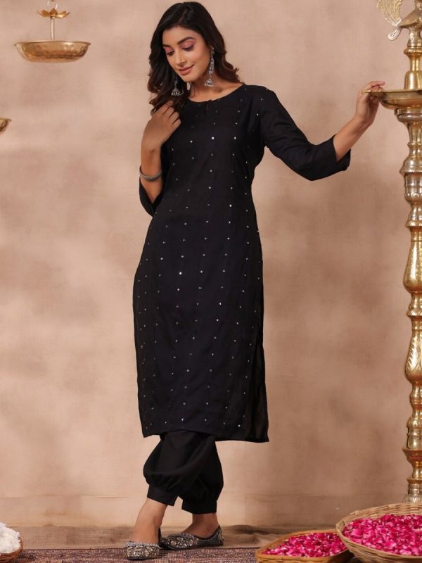 Anubhutee Embroidered Mirror Work Keyhole Neck Straight Regular Kurta For Sale