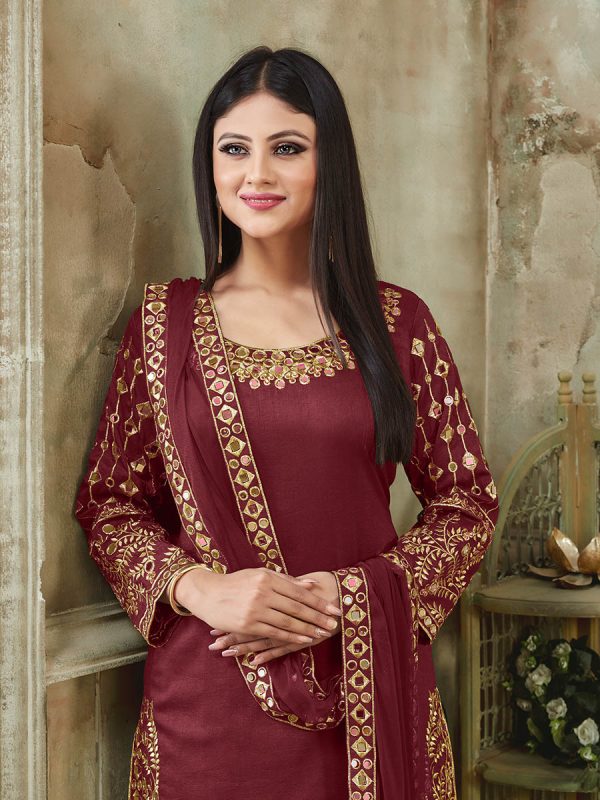 Myra Red Art Silk Real Glass Work Suit Hot on Sale