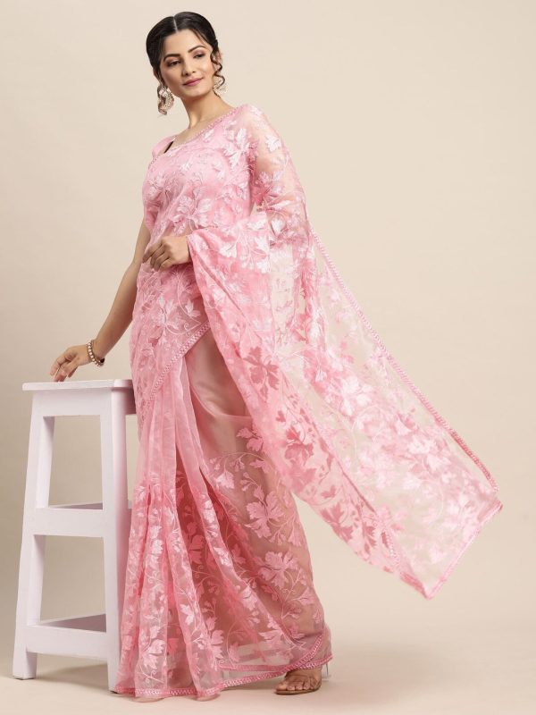 Saree Mall Pink Floral Embroidered Organza Sarees Online Sale