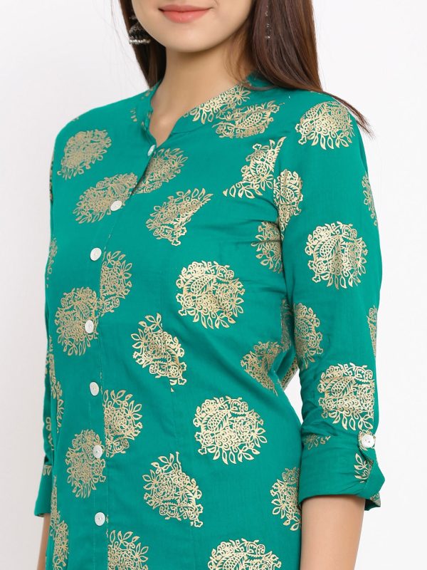 HERE&NOW Green Mandarin Collar Ethnic Motifs Printed A-Line Kurta Online Hot Sale