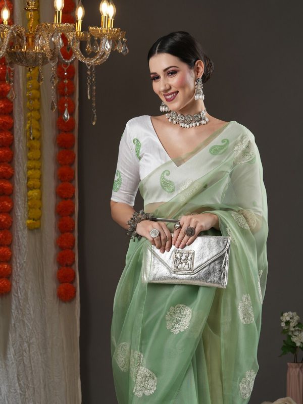 Saree Mall Olive Green & White Paisley Embroidered Organza Banarasi Sarees Hot on Sale