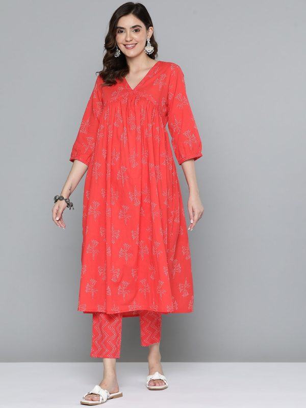 HERE&NOW Floral Print Cotton Empire Kurta with Trousers For Sale