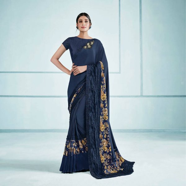 Blue Lycra sequence Saree with Unstitched Blouse Piece - Norita Elaura Online