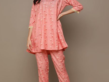 HERE&NOW Orange Floral Printed A-Line Kurta Set Hot on Sale