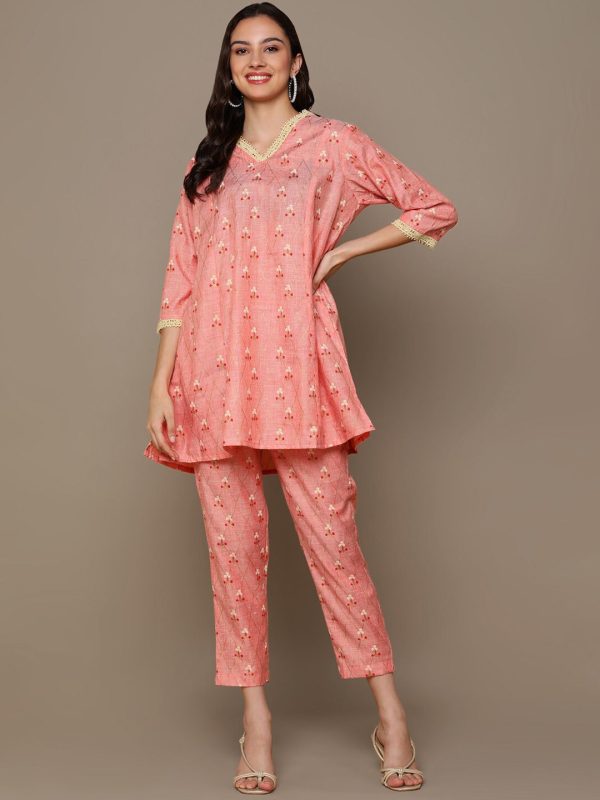 HERE&NOW Orange Floral Printed A-Line Kurta Set Hot on Sale