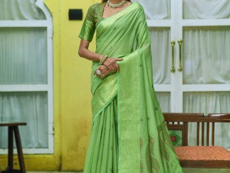 Vishnu Weaves Women s Green Pure Cotton Zari Woven Saree with Blouse For Cheap