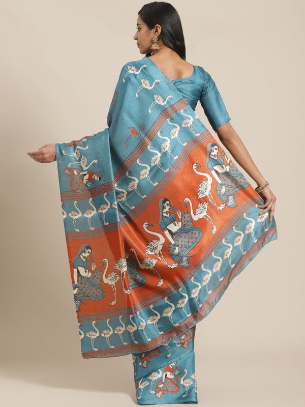 Saree Mall Blue & Beige Ethnic Motifs Print Bhagalpuri Saree Sale