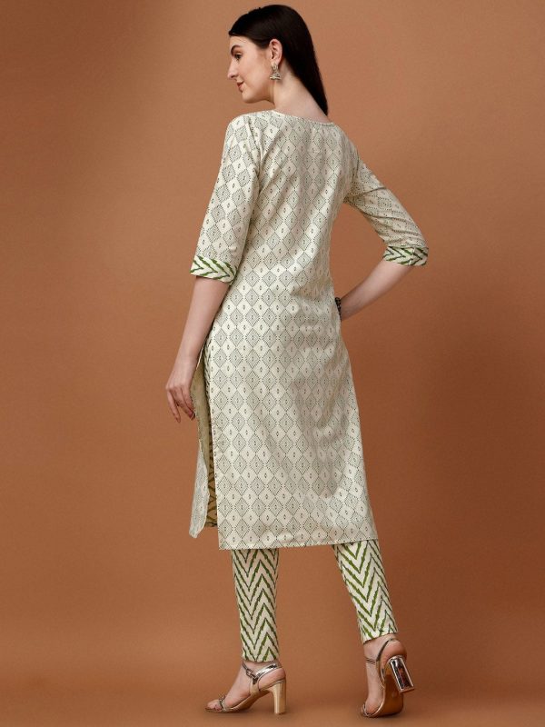 HERE&NOW Geometric Printed Pure Cotton Kurta With Trousers & Dupatta on Sale