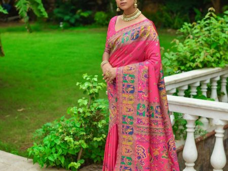 Vishnu Weaves Women s Pink Banarasi Silk Kashmiri Woven Saree with Blouse Cheap