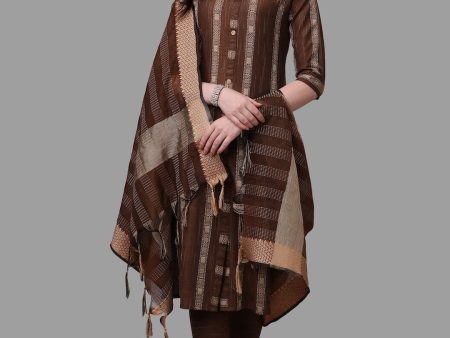 HERE&NOW Brown Striped Regular Pure Cotton Kurta With Trousers & Dupatta Supply