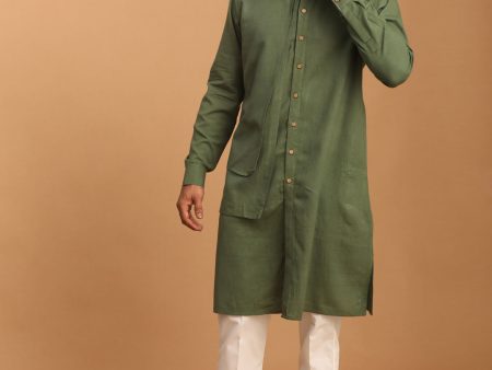 Shvaas by Vastramay Men s Green And Cream Cotton Kurta Pyjama Set For Discount