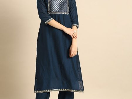 Anouk Women Navy Blue Gotta Patti Embroidered Kurta with Palazzos Cheap