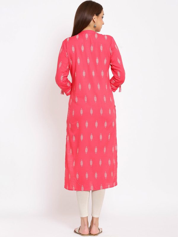 HERE&NOW Pink Mandarin Collar Ethnic Motifs Printed Pure Cotton Kurta Online Hot Sale