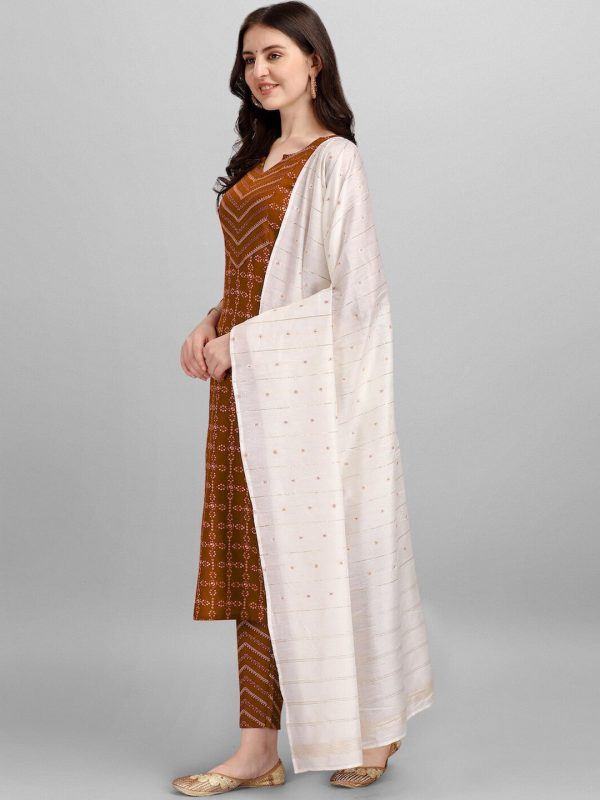 HERE&NOW Brown & White Regular Pure Cotton Kurta With Trousers & Dupatta Discount