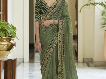 Myra Olive Green Embroidered Organza Fancy Saree Online