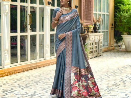 Vishnu Weaves Women s Grey Cotton Silk Zari Woven Butta Work Saree with Blouse Hot on Sale